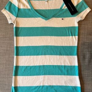 Tommy Hilfiger Summer Striped V-Neck Short Sleeve Tee in Aqua & White Y2K